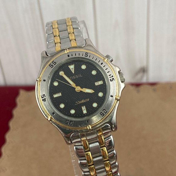 Vintage Fossil StarMaster Watch Gold Silver Black Face Luminous Hands - Picture 2 of 7